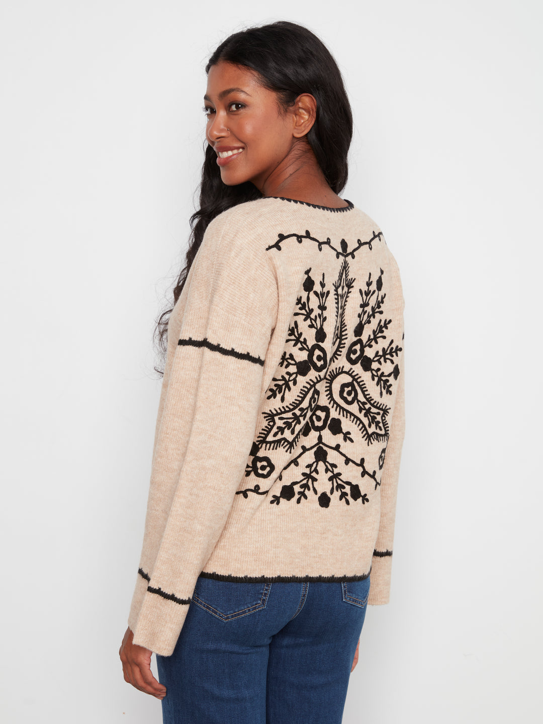 Embroidered Ribbed Sweater with Notch Neck