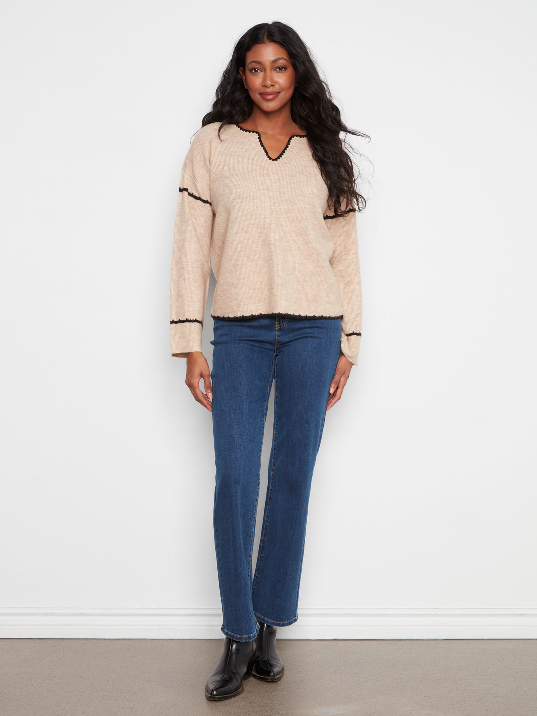 Embroidered Ribbed Sweater with Notch Neck