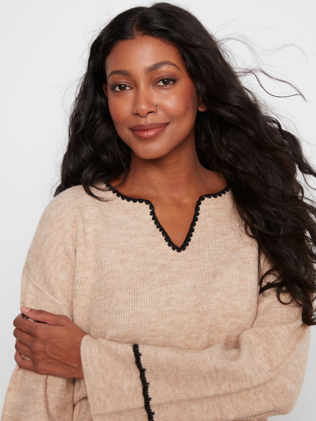 Embroidered Ribbed Sweater with Notch Neck