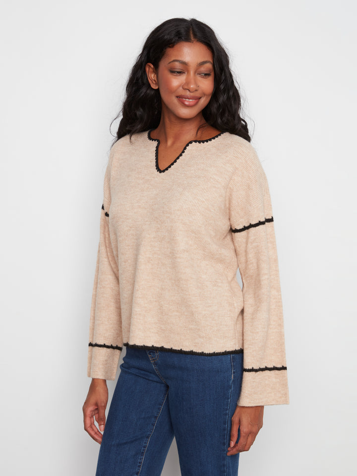 Embroidered Ribbed Sweater with Notch Neck