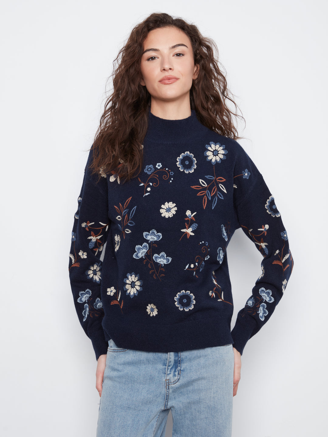 All Over Embroidered Mock Neck Sweater