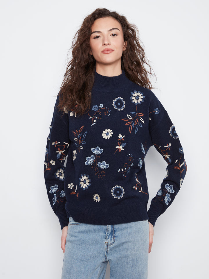 All Over Embroidered Mock Neck Sweater