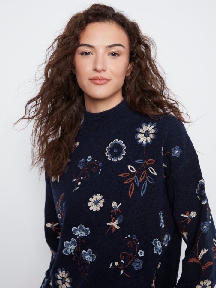 All Over Embroidered Mock Neck Sweater