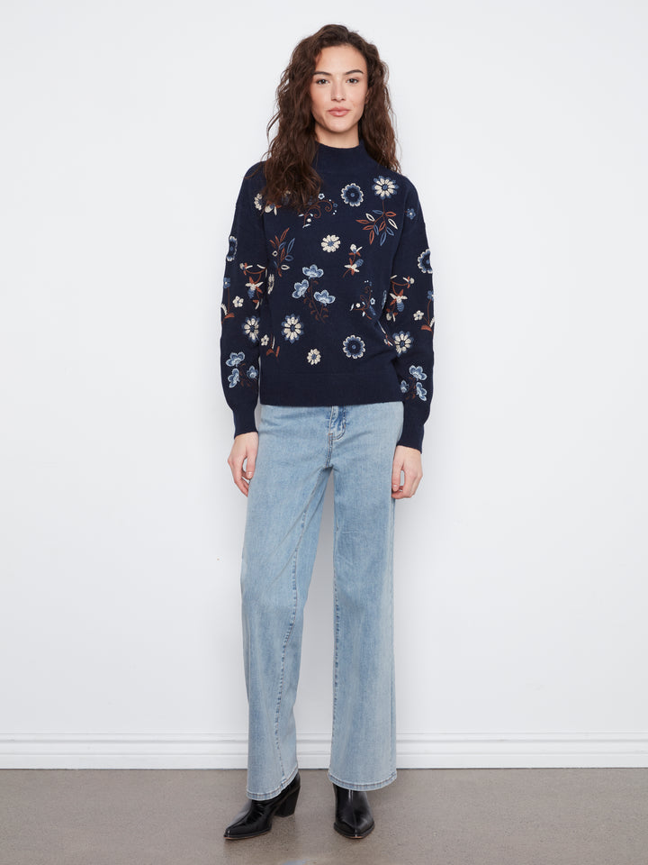 All Over Embroidered Mock Neck Sweater