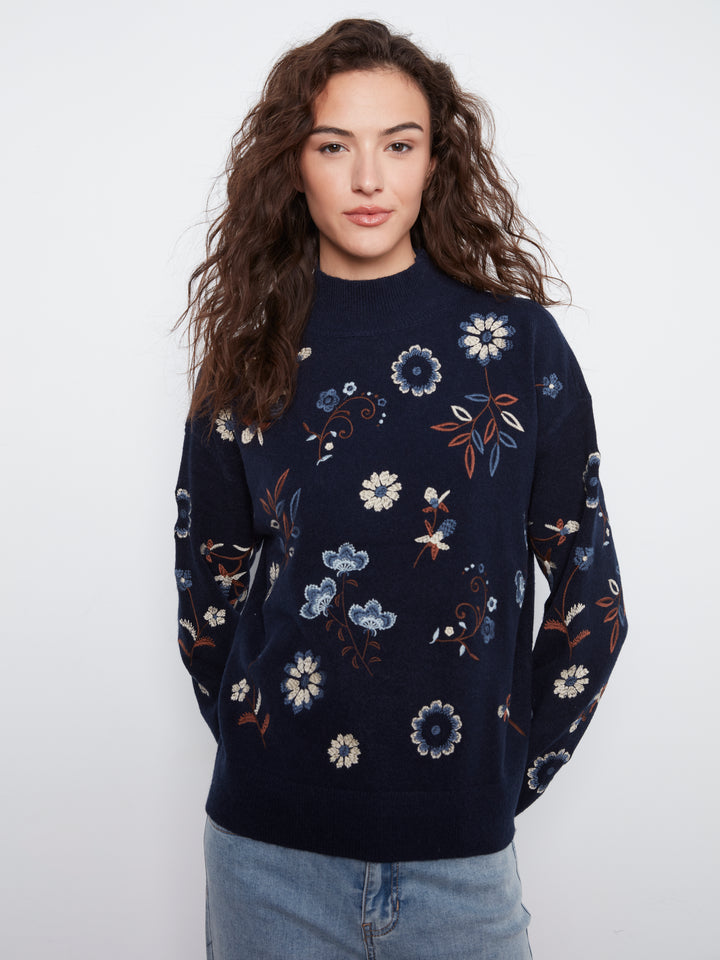 All Over Embroidered Mock Neck Sweater