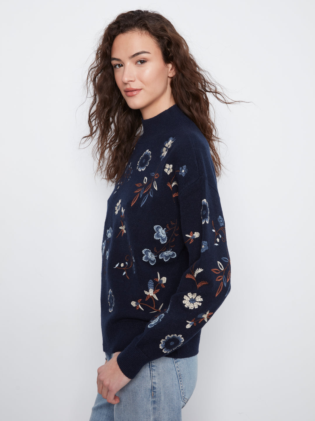 All Over Embroidered Mock Neck Sweater