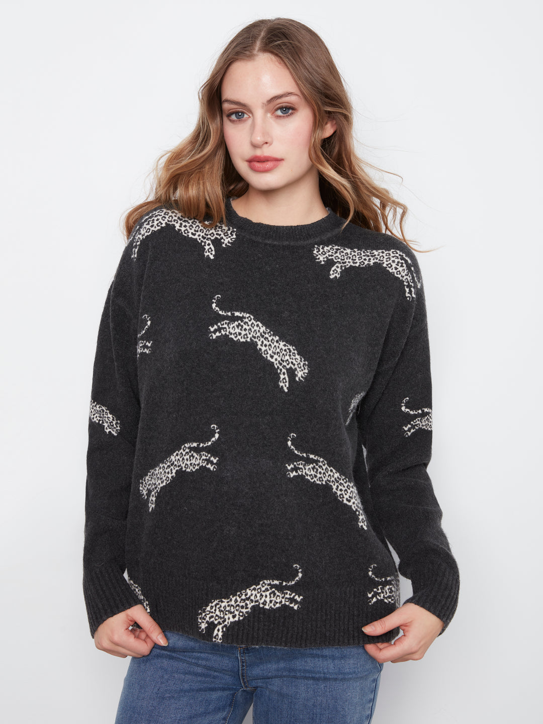 Long Sleeve Drop Shoulder Crew Neck Printed Sweater
