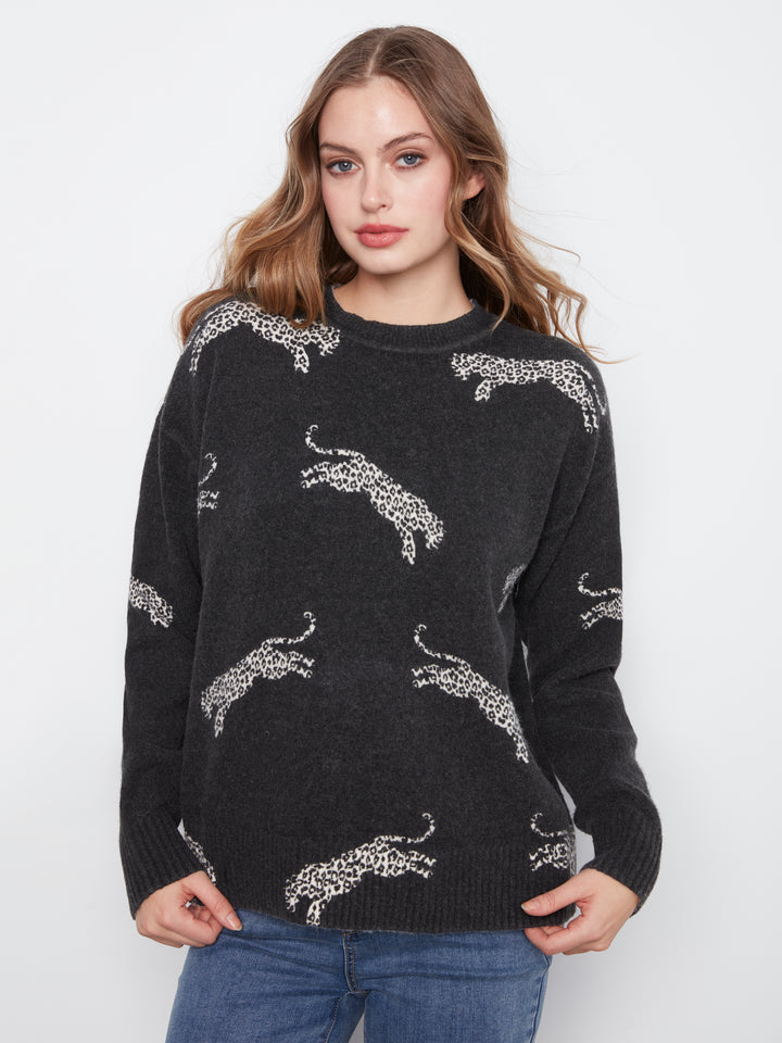 Long Sleeve Drop Shoulder Crew Neck Printed Sweater