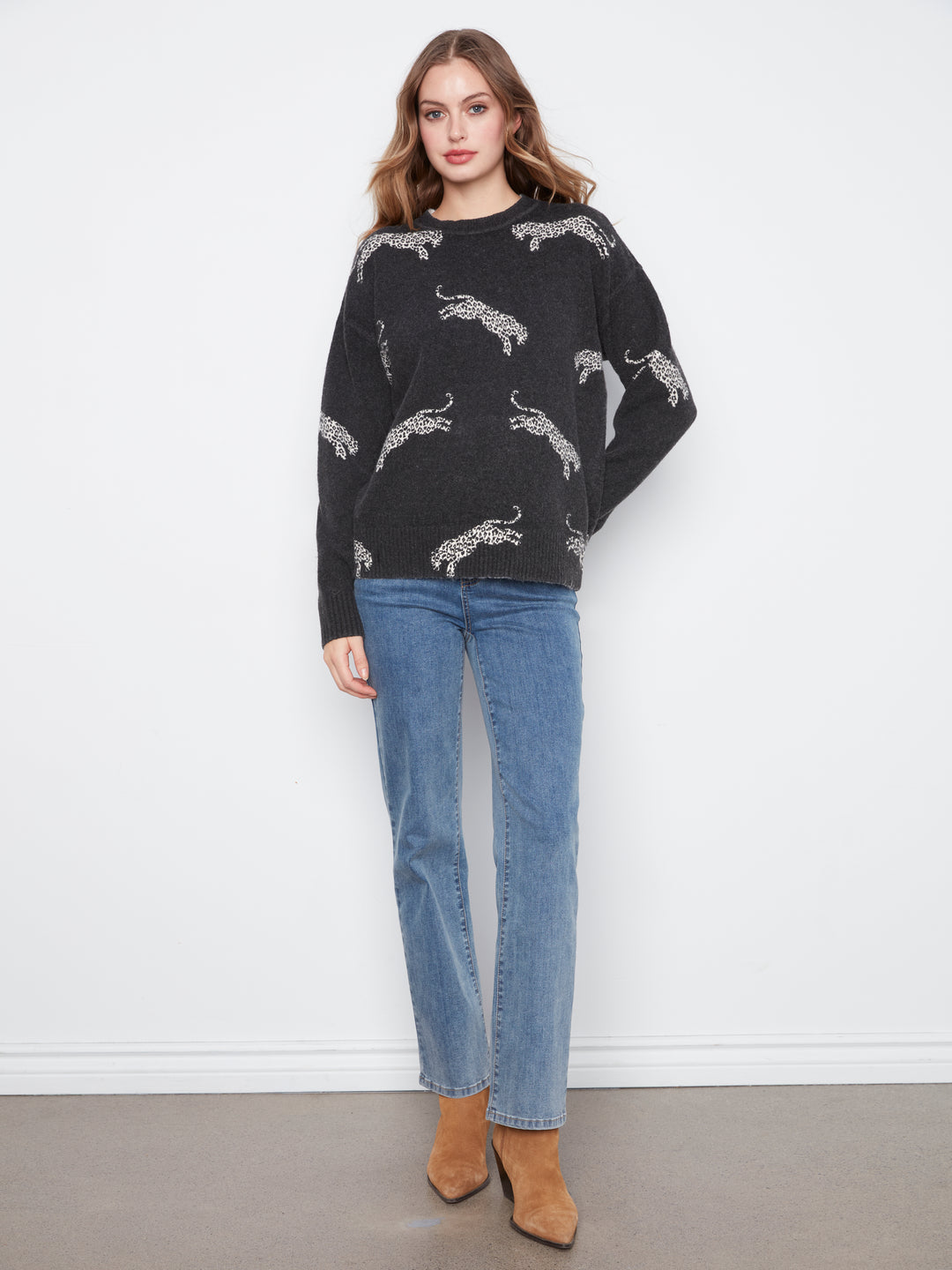 Long Sleeve Drop Shoulder Crew Neck Printed Sweater