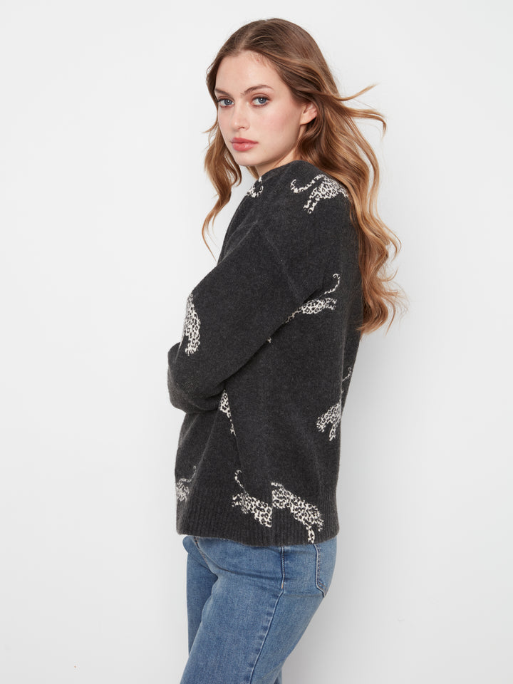 Long Sleeve Drop Shoulder Crew Neck Printed Sweater