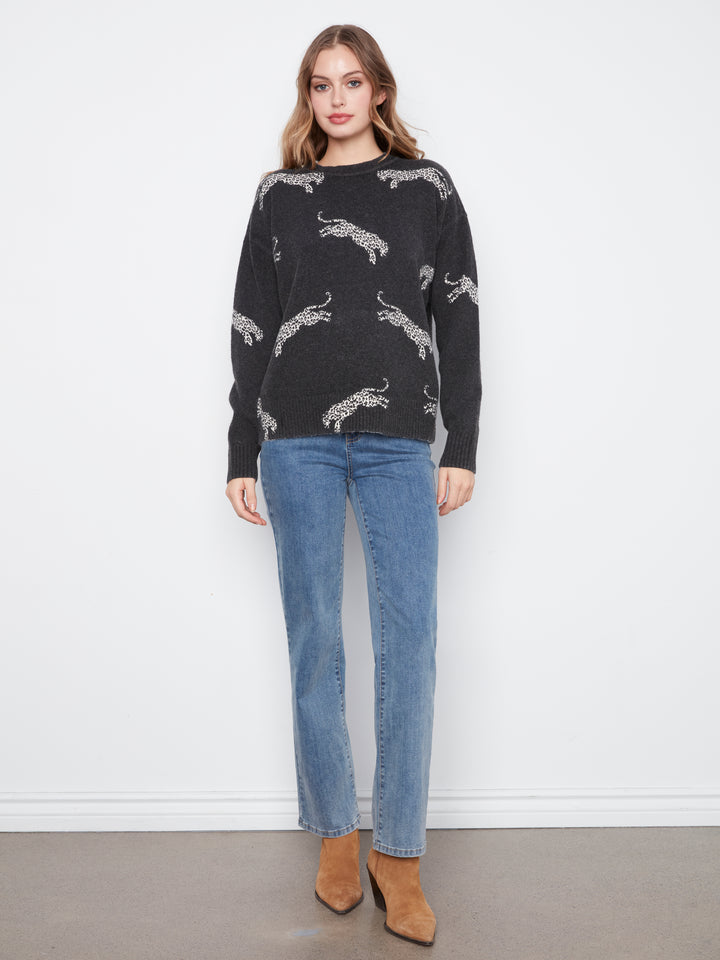 Long Sleeve Drop Shoulder Crew Neck Printed Sweater