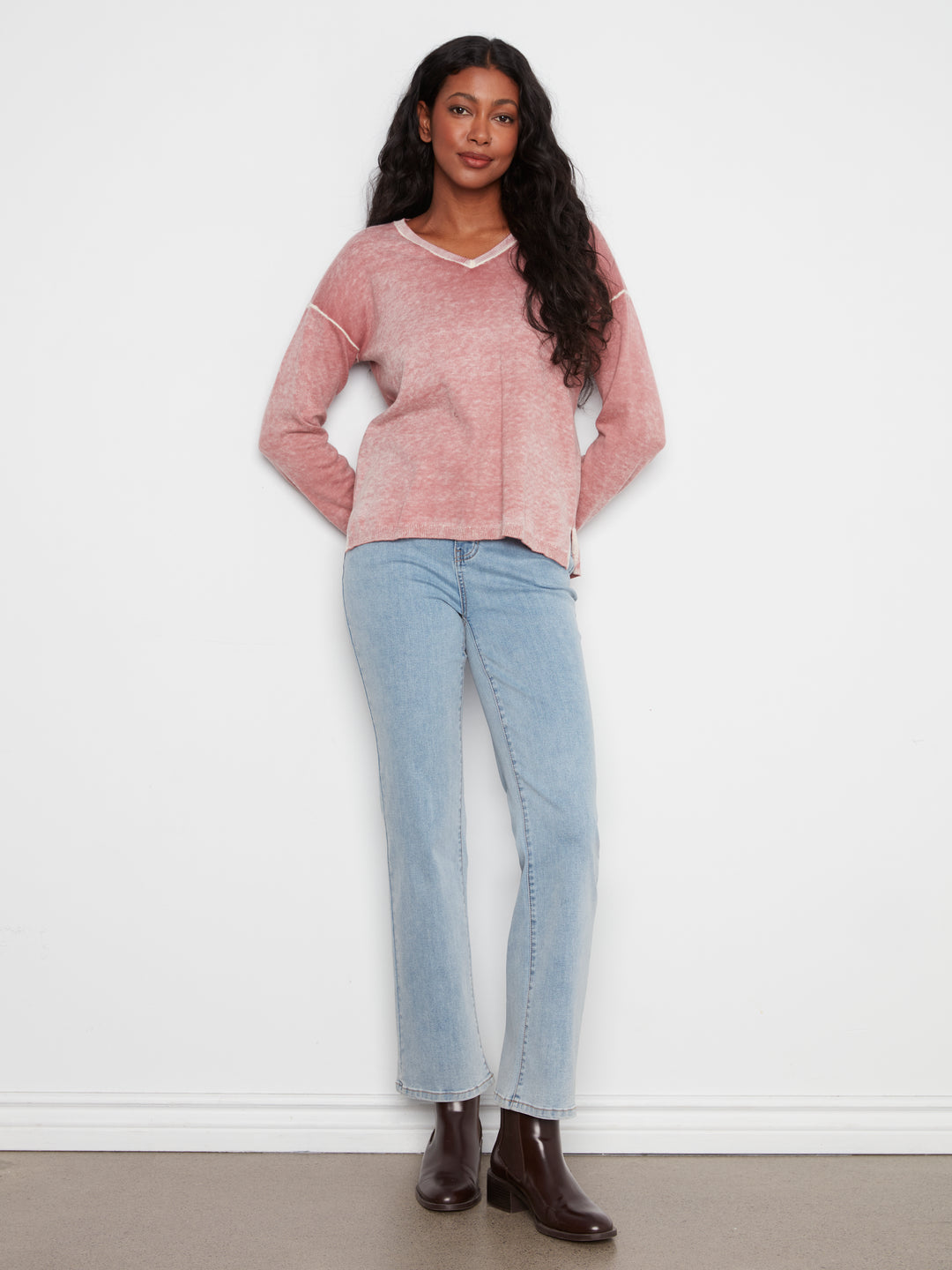 Long Sleeve Drop Shoulder V Neck Sweater