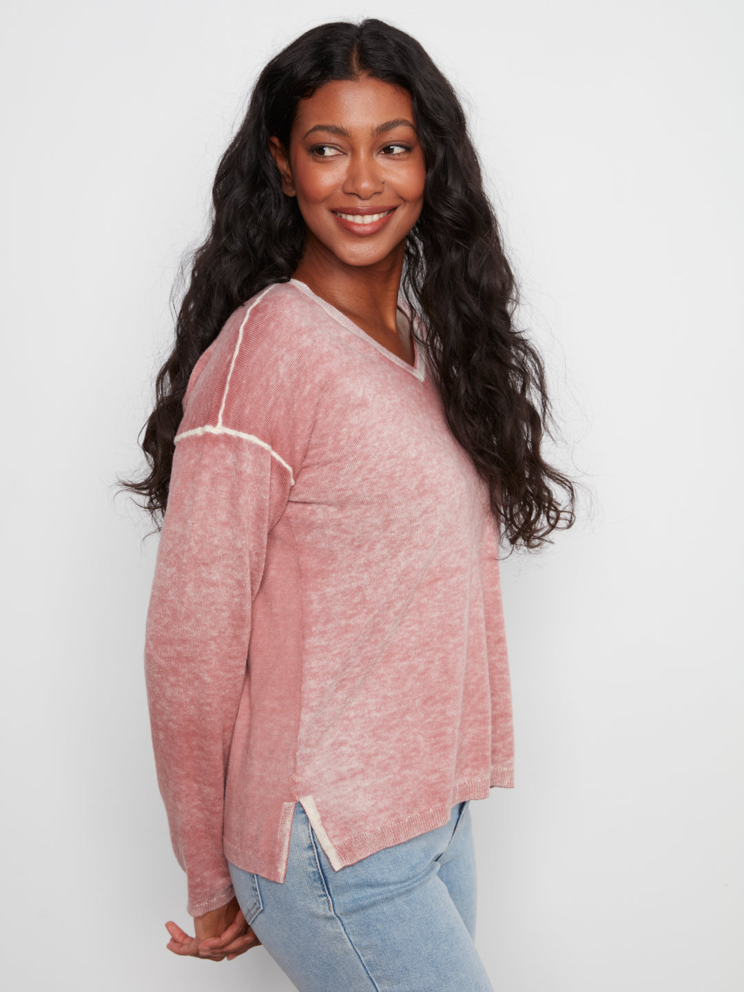 Long Sleeve Drop Shoulder V Neck Sweater