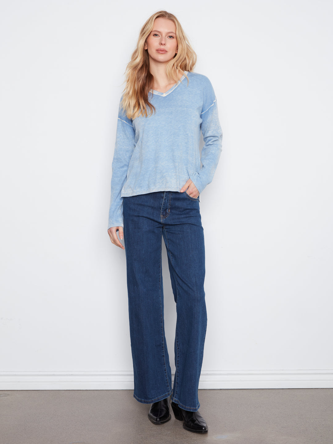 Long Sleeve Drop Shoulder V Neck Sweater