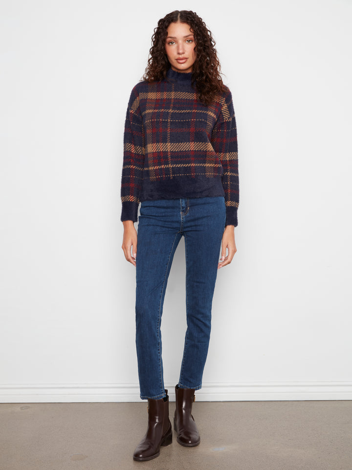 Long Sleeve Drop Shoulder Mock Neck Jacquard Plaid Sweater