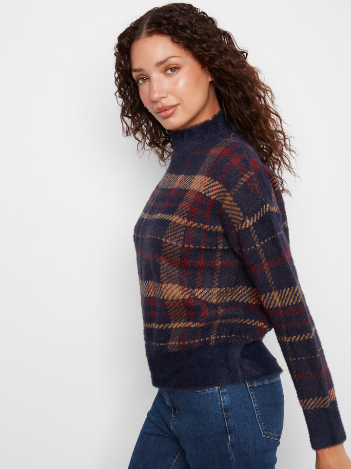 Long Sleeve Drop Shoulder Mock Neck Jacquard Plaid Sweater