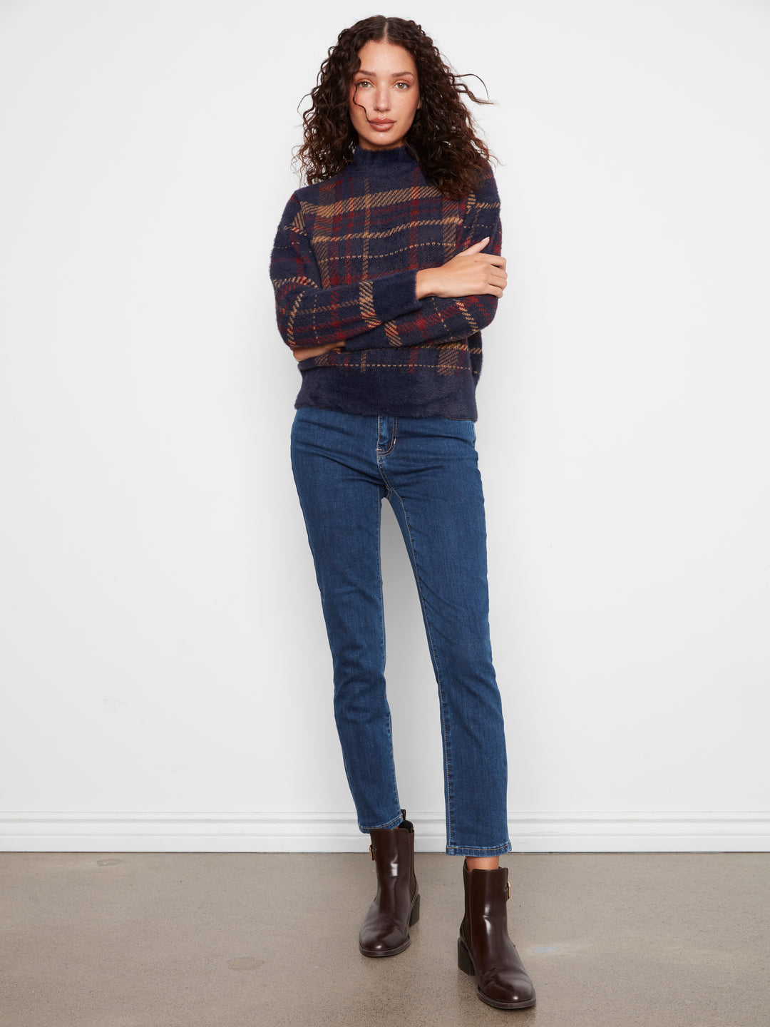 Long Sleeve Drop Shoulder Mock Neck Jacquard Plaid Sweater