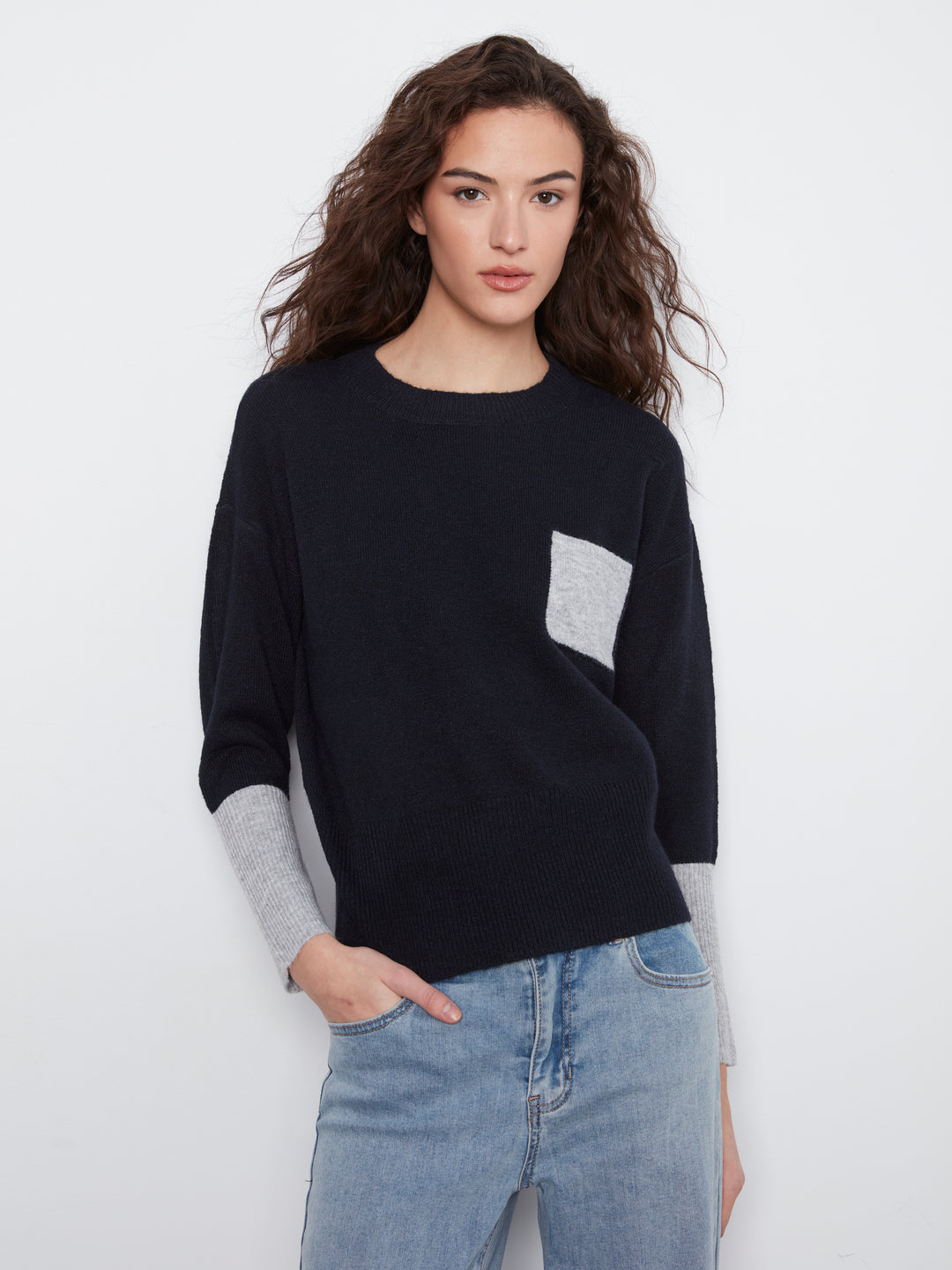 Long Sleeve Drop Shoulder Color Block Sweater With Chest Pocket