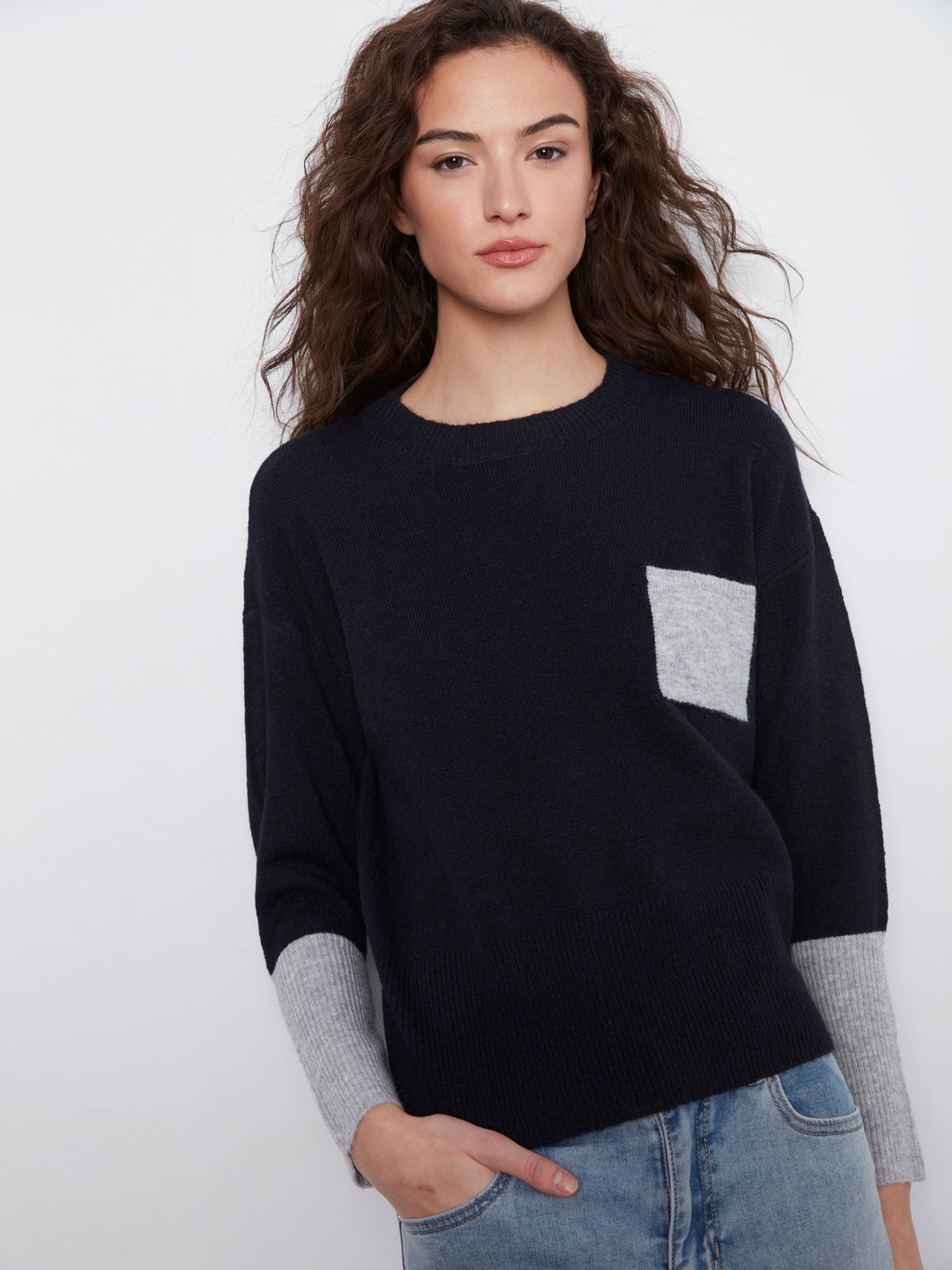 Long Sleeve Drop Shoulder Color Block Sweater With Chest Pocket