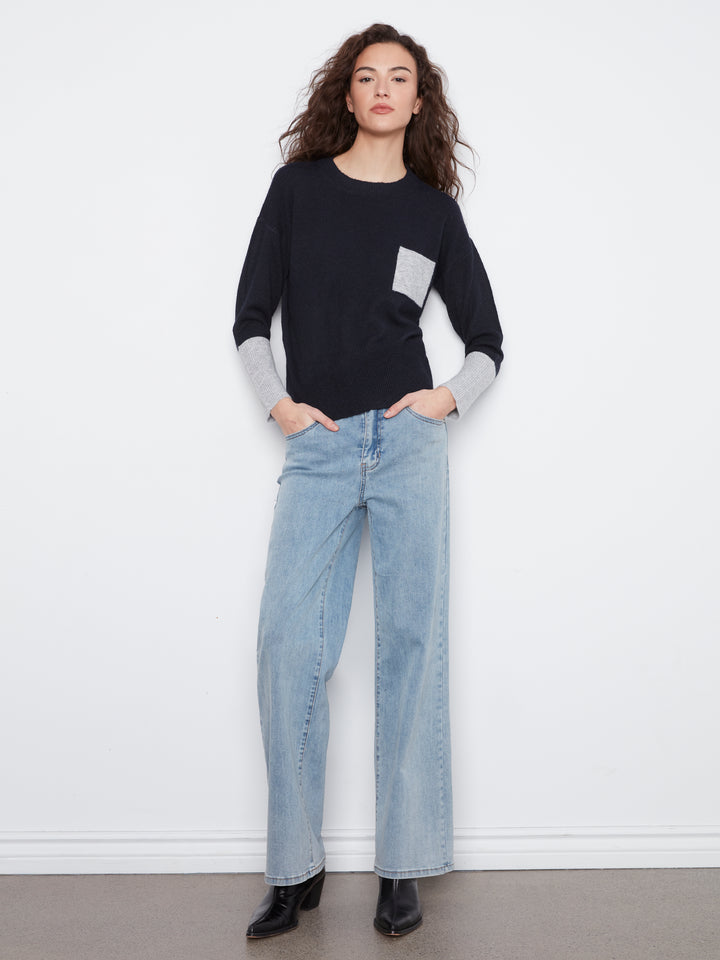 Long Sleeve Drop Shoulder Color Block Sweater With Chest Pocket