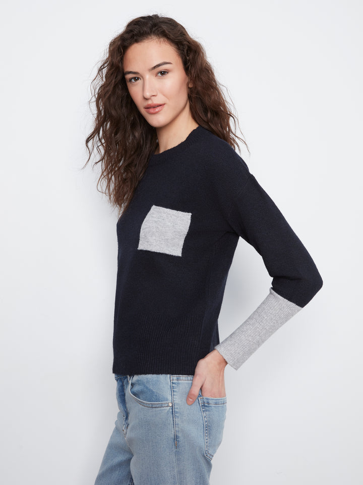 Long Sleeve Drop Shoulder Color Block Sweater With Chest Pocket