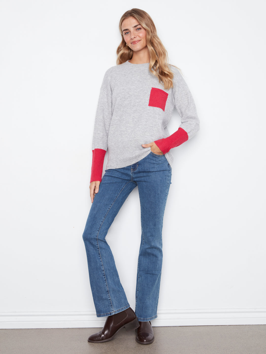 Long Sleeve Drop Shoulder Color Block Sweater With Chest Pocket