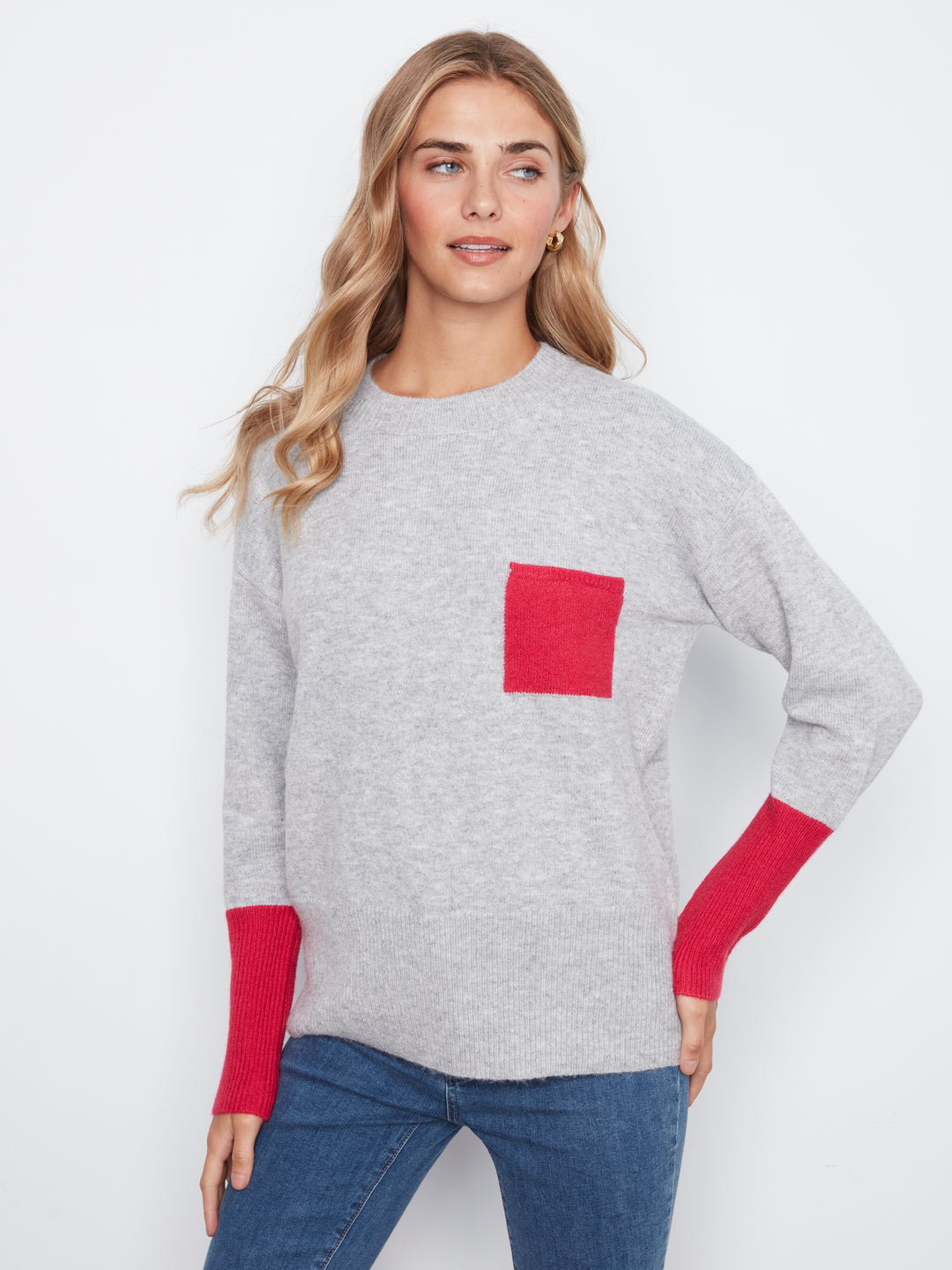 Long Sleeve Drop Shoulder Color Block Sweater With Chest Pocket