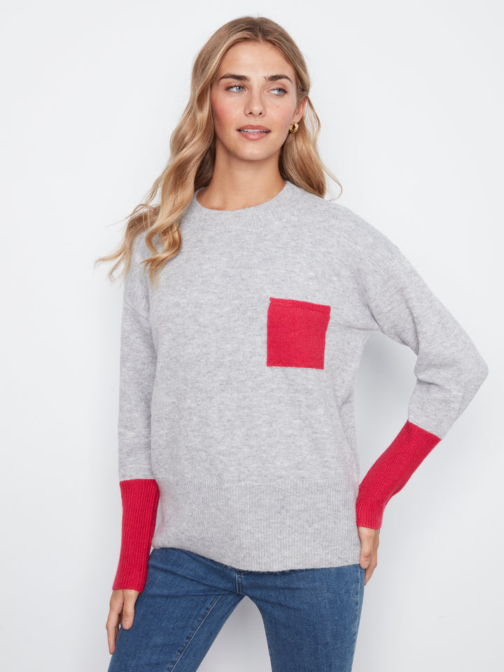 Long Sleeve Drop Shoulder Color Block Sweater With Chest Pocket