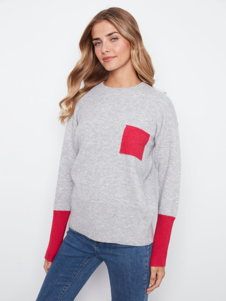 Long Sleeve Drop Shoulder Color Block Sweater With Chest Pocket