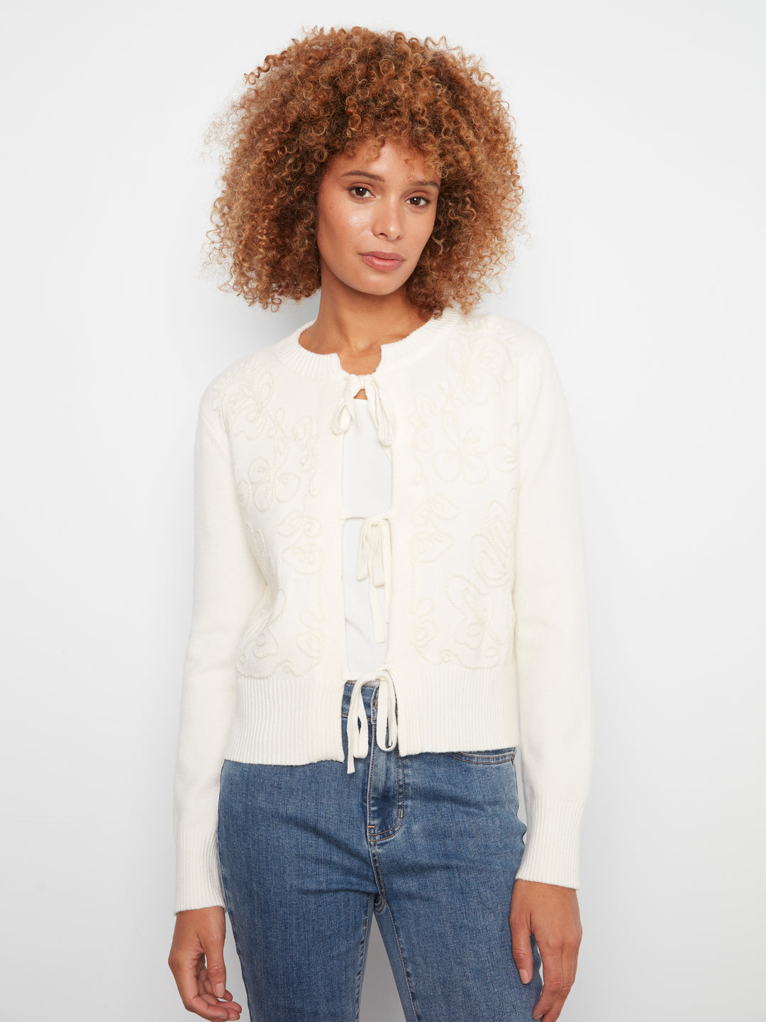 Bow Tie Front Jacquard Cardigan