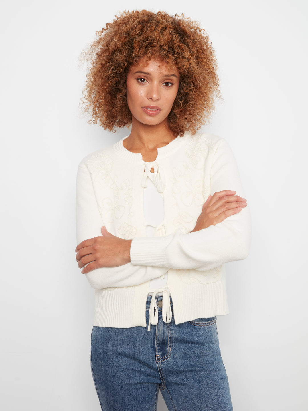 Bow Tie Front Jacquard Cardigan