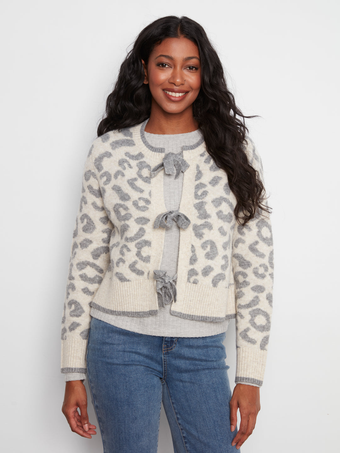 Long Sleeve Bow Tie Front Jacquard Sweater Cardigan