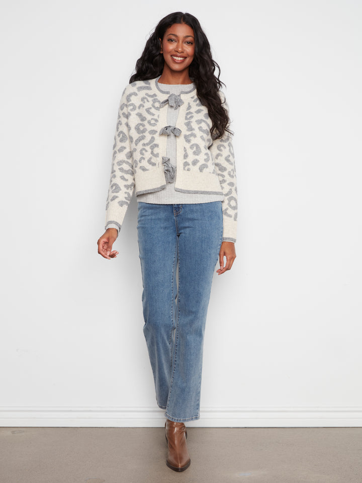 Long Sleeve Bow Tie Front Jacquard Sweater Cardigan