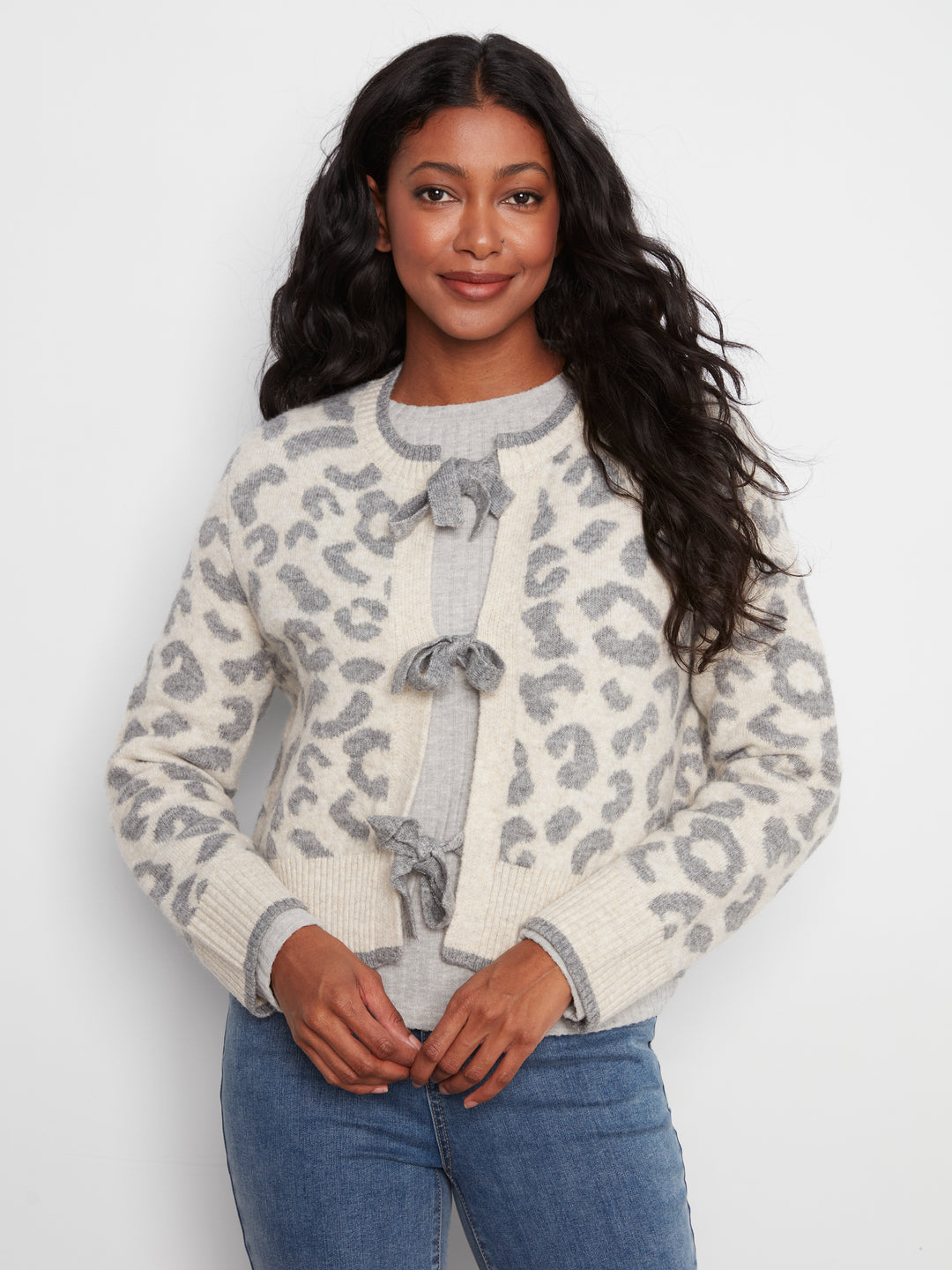 Long Sleeve Bow Tie Front Jacquard Sweater Cardigan