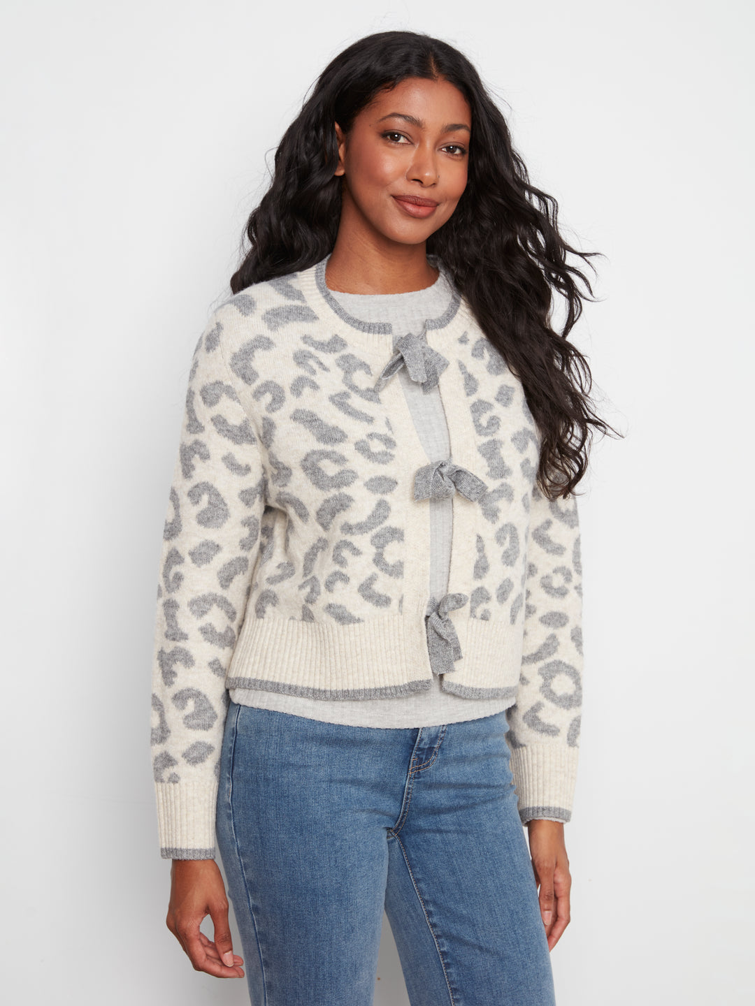 Long Sleeve Bow Tie Front Jacquard Sweater Cardigan