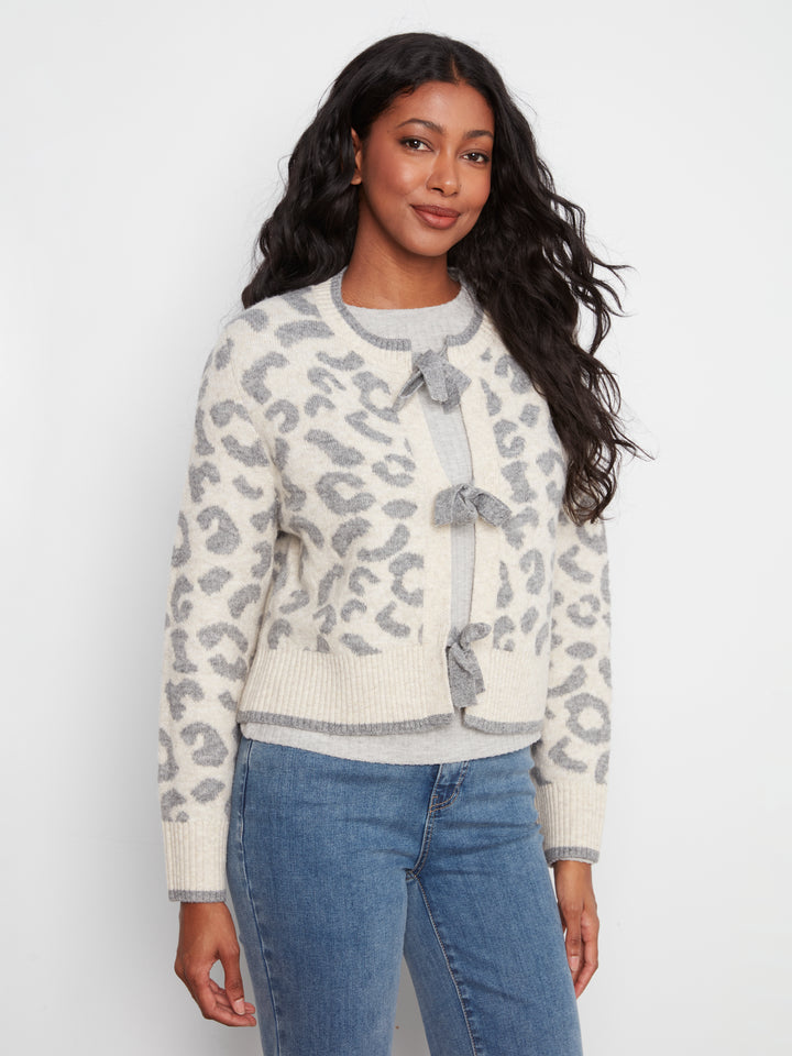 Long Sleeve Bow Tie Front Jacquard Sweater Cardigan