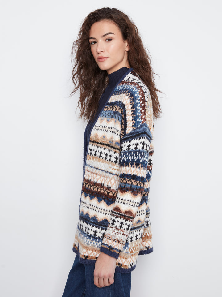 Long Jacquard Cardigan With Side Pockets