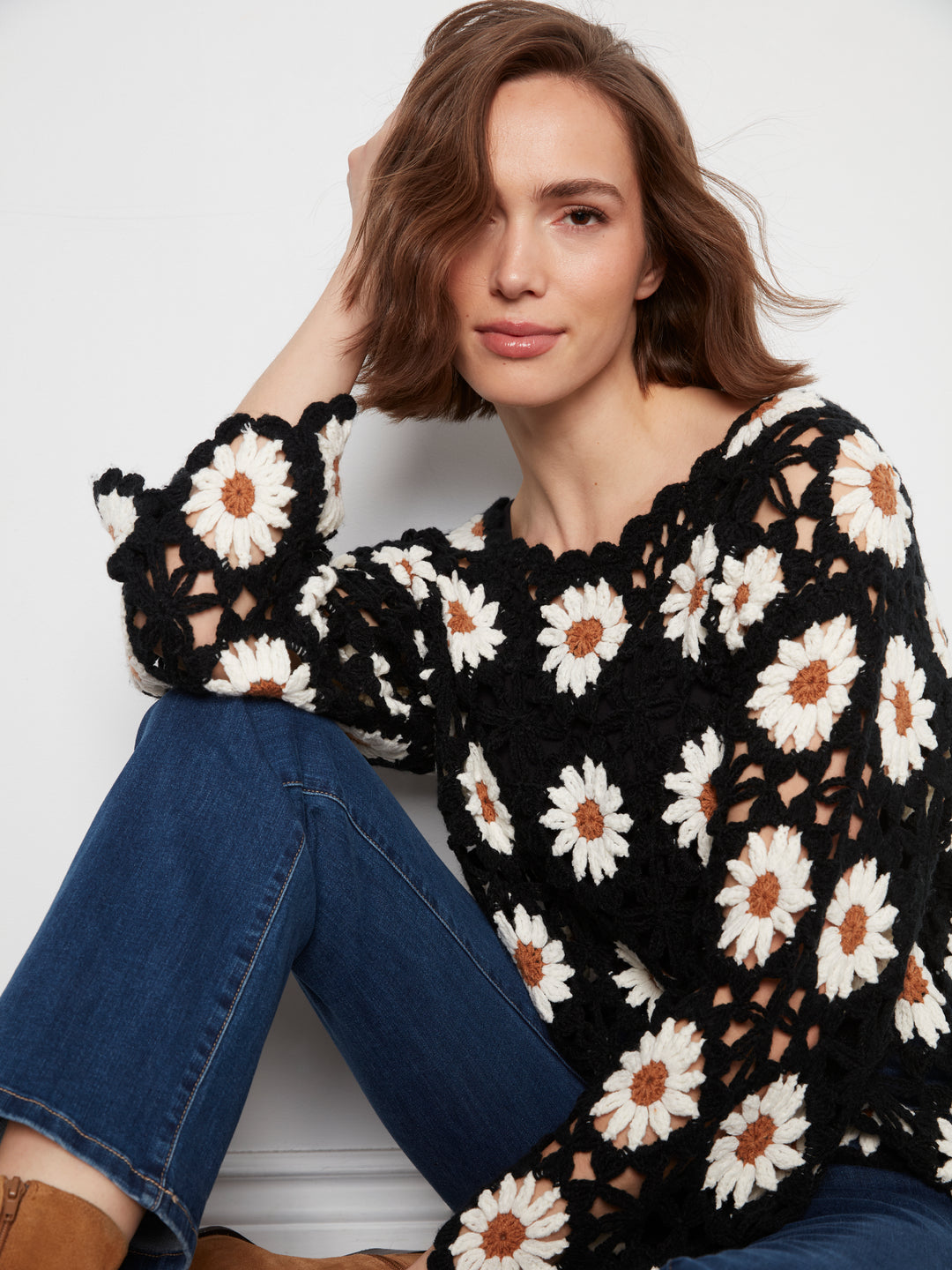 Long Sleeve Flowers Crochet Sweater