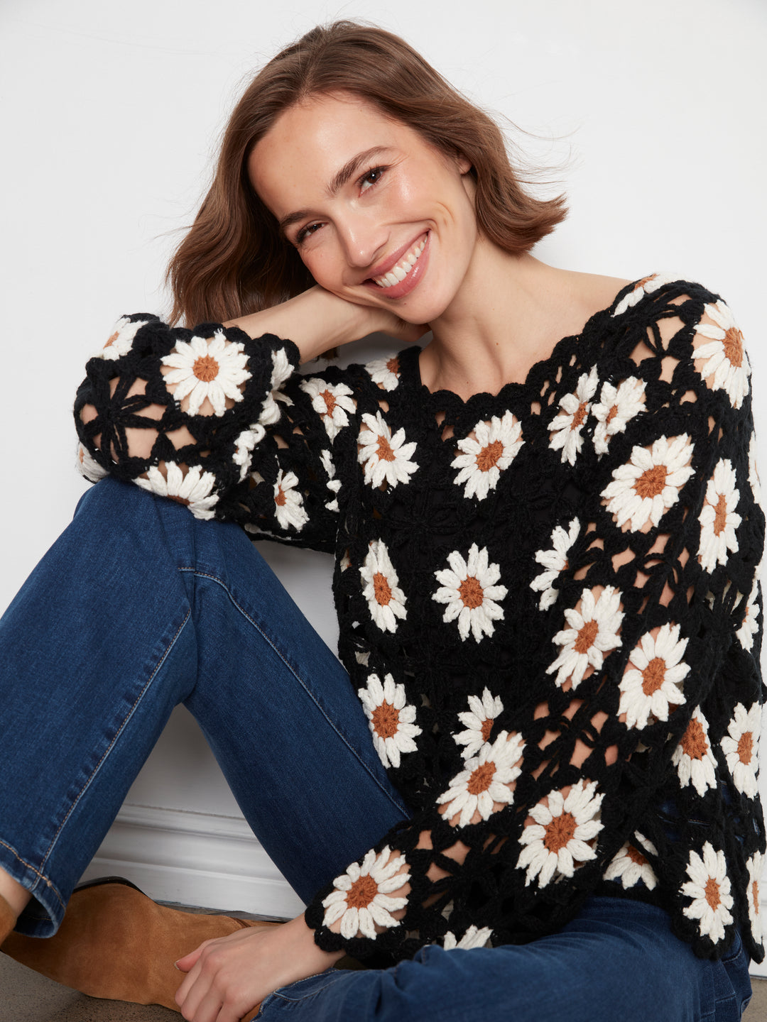 Long Sleeve Flowers Crochet Sweater