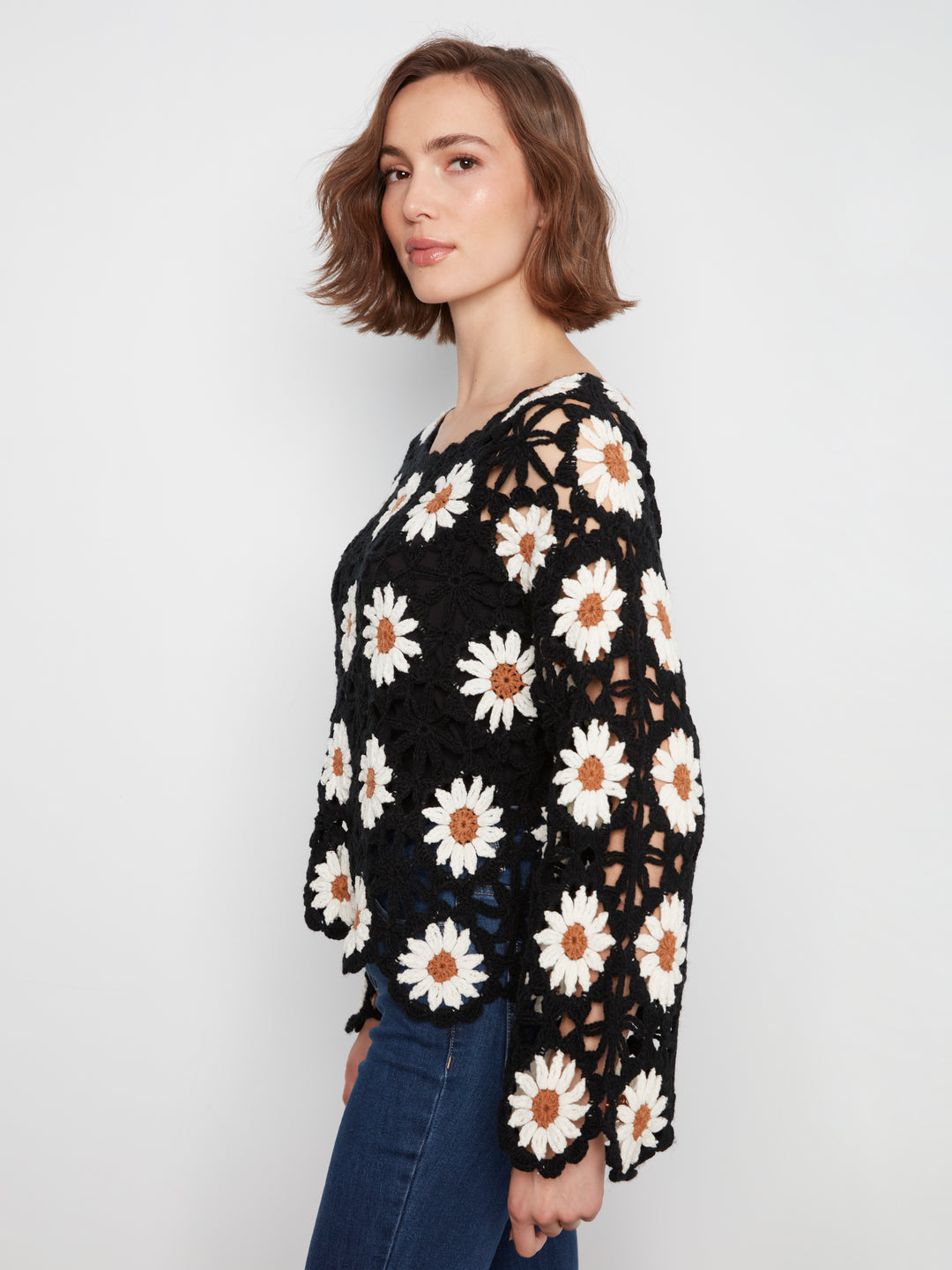 Long Sleeve Flowers Crochet Sweater