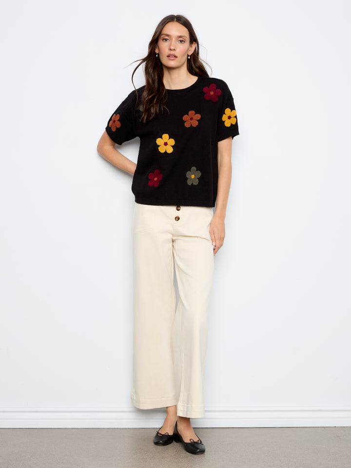 Elbow Sleeve Embroidered Flowers Crew Neck Sweater