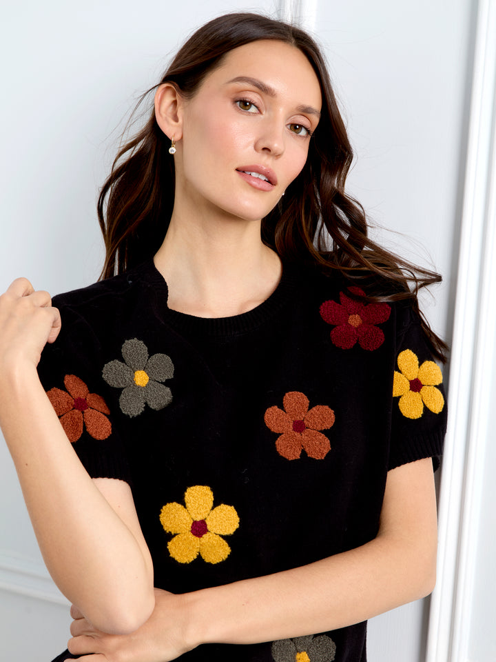 Elbow Sleeve Embroidered Flowers Crew Neck Sweater