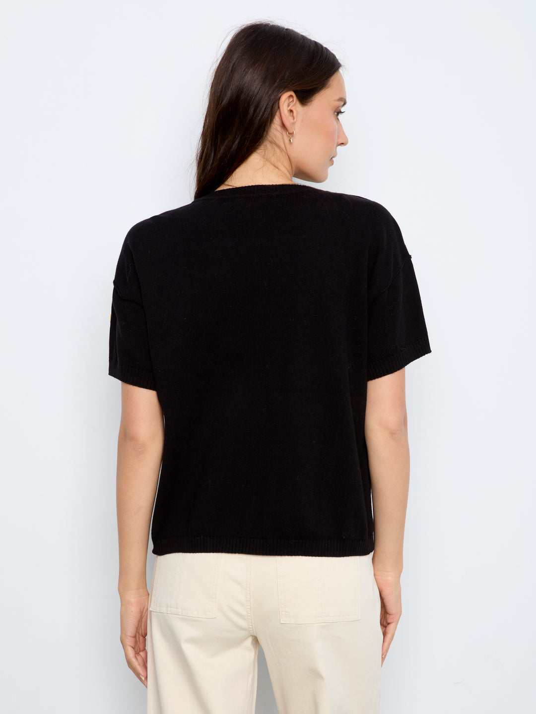 Elbow Sleeve Embroidered Flowers Crew Neck Sweater