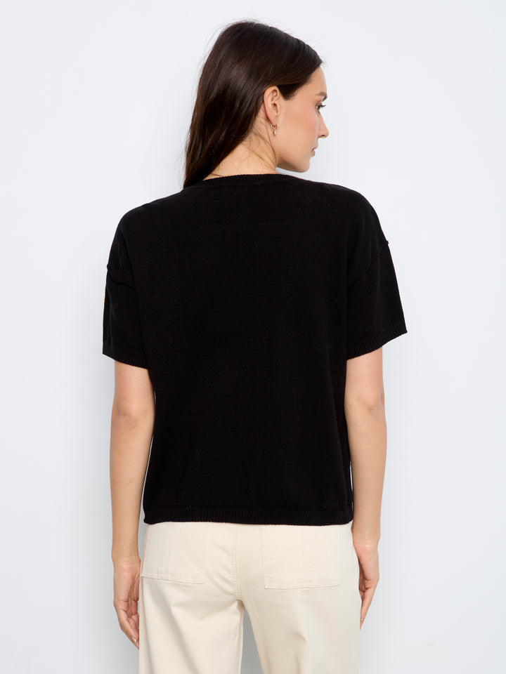 Elbow Sleeve Embroidered Flowers Crew Neck Sweater