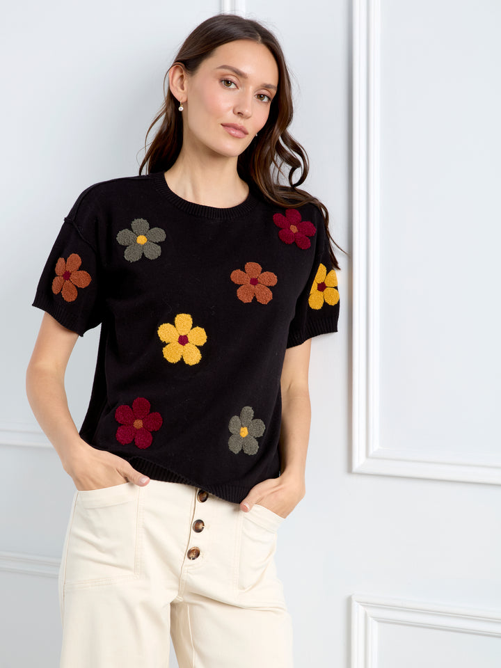 Elbow Sleeve Embroidered Flowers Crew Neck Sweater