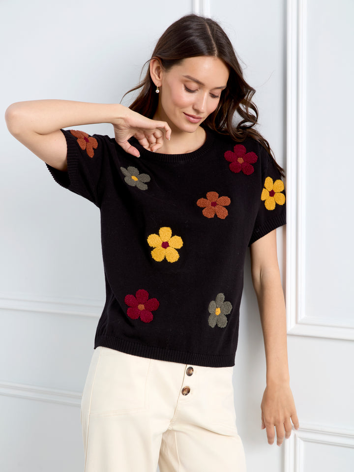 Elbow Sleeve Embroidered Flowers Crew Neck Sweater