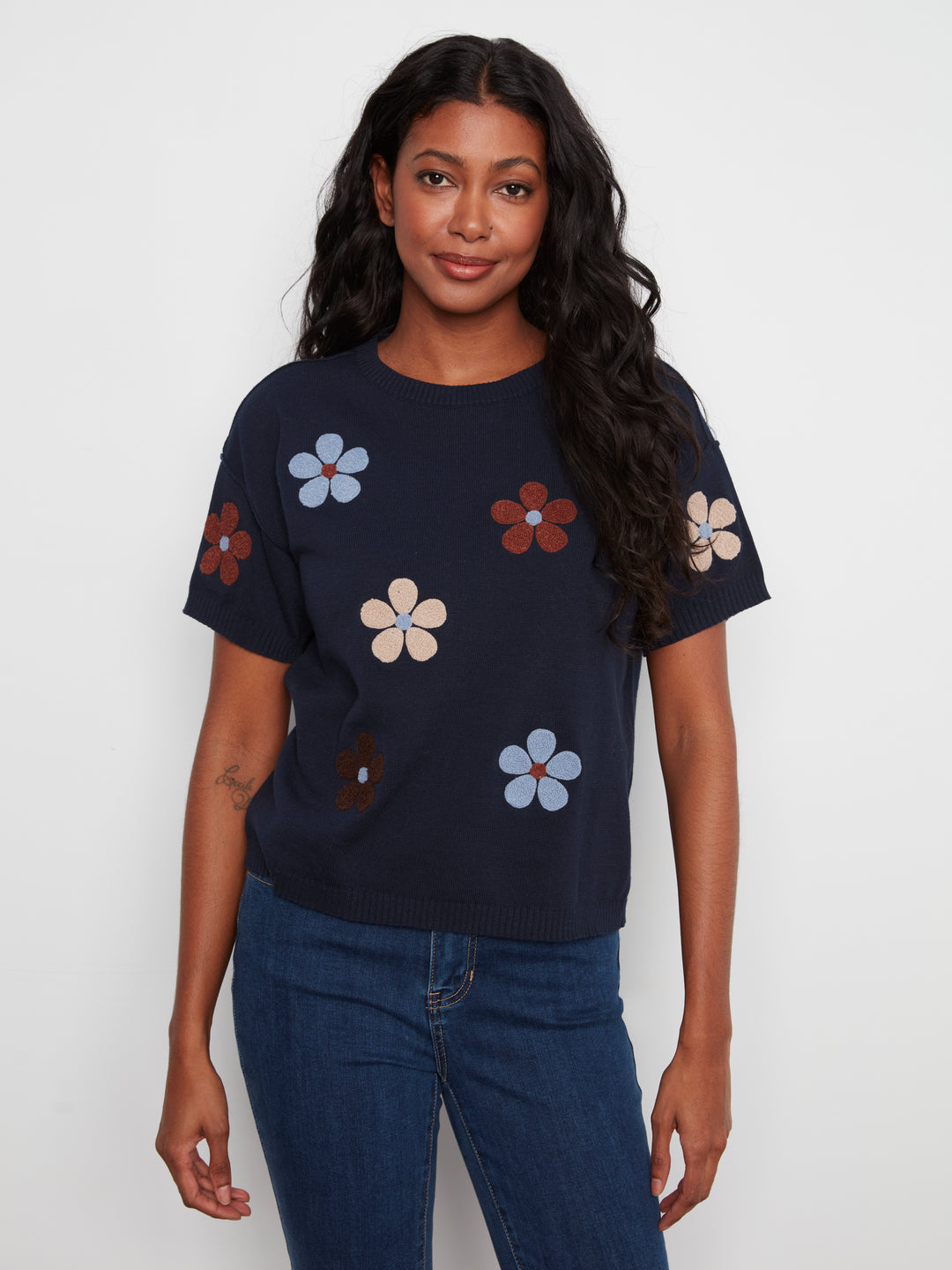Elbow Sleeve Embroidered Flowers Crew Neck Sweater