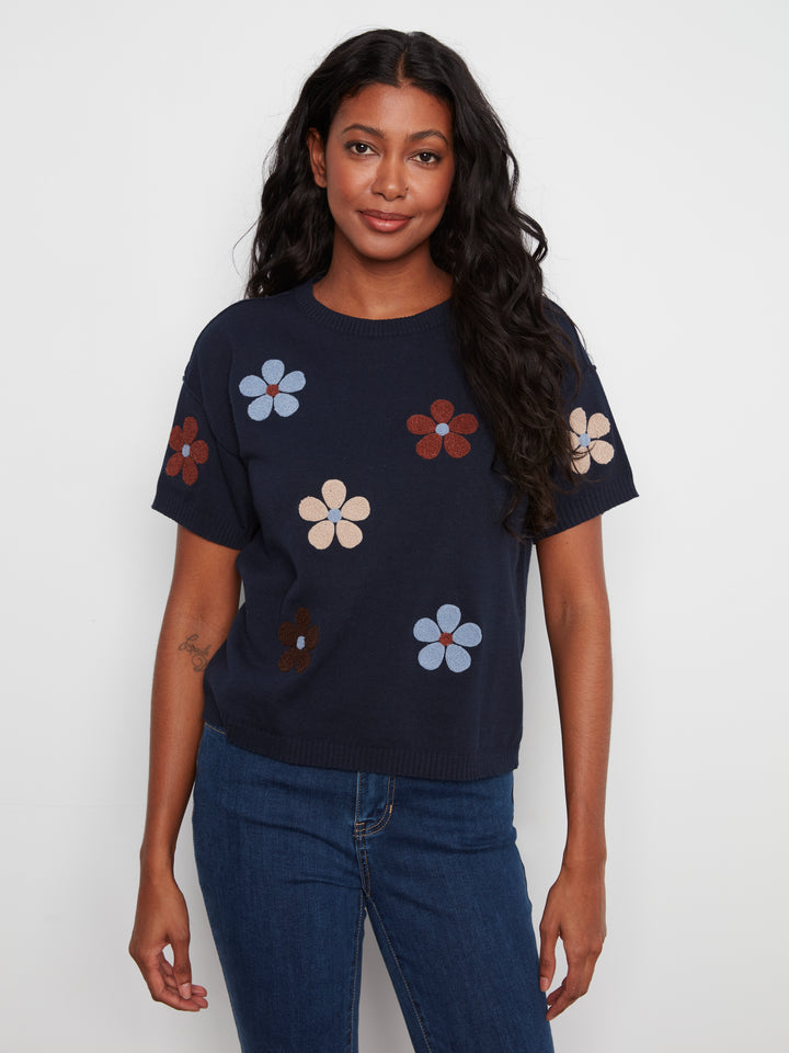 Elbow Sleeve Embroidered Flowers Crew Neck Sweater