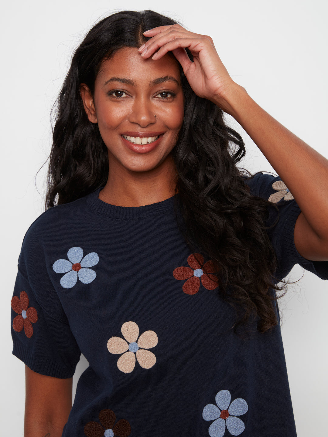 Elbow Sleeve Embroidered Flowers Crew Neck Sweater