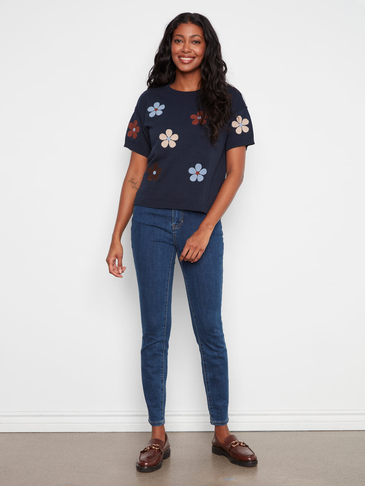 Elbow Sleeve Embroidered Flowers Crew Neck Sweater